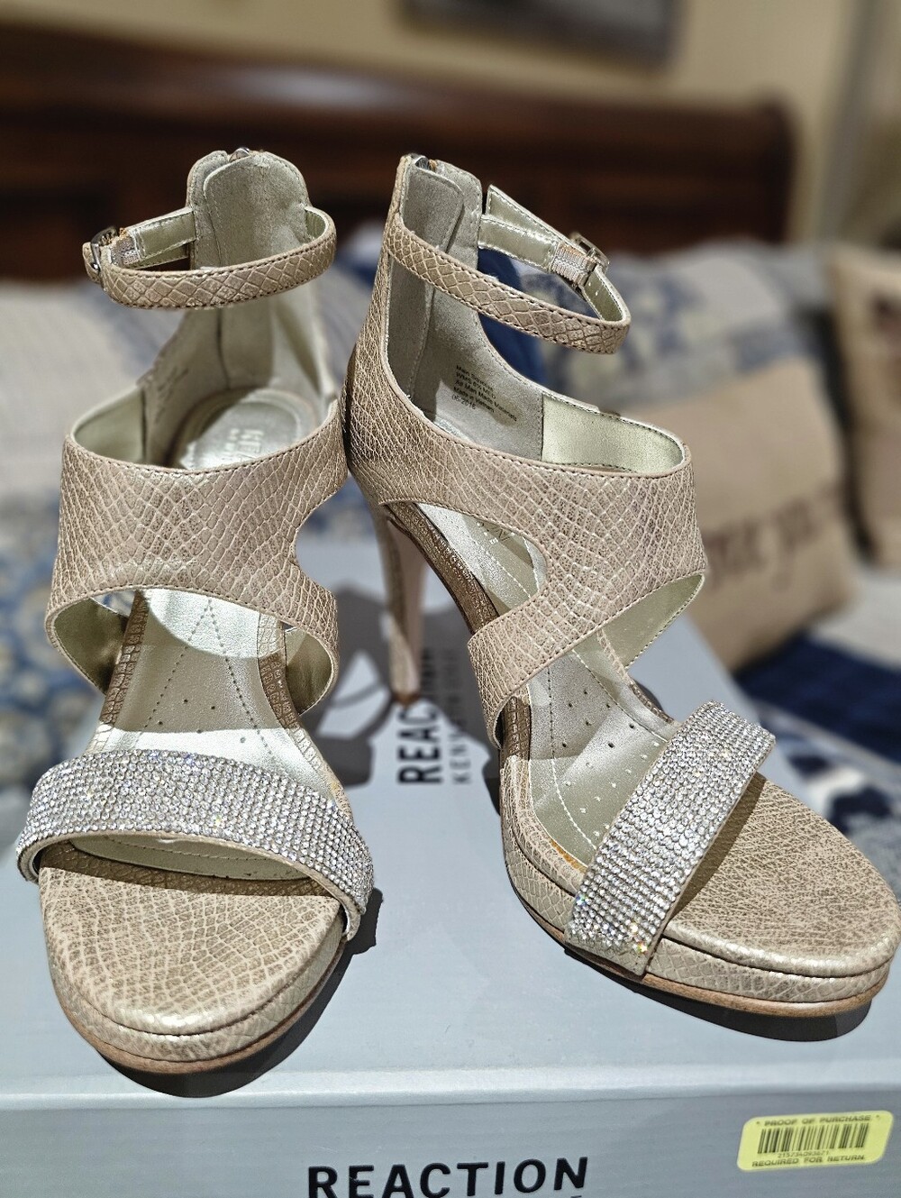 Kenneth Cole Reaction - Gold Ankle-Strap Heels with Rhinestones. NWT